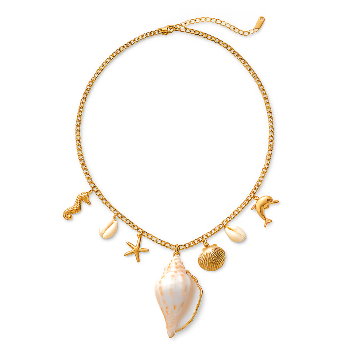 Un collier doré inspiration bord de mer pour habiller vos tenues estivales. Ce bijou aux accents marins associe un coquillage naturel, des pendentifs en forme d’étoile de mer, dauphin et hippocampe, le tout monté sur une chaîne en acier titane hypoallergénique. La brillance dorée contraste élégamment avec les touches nacrées des éléments naturels.

Matériaux : Acier titane, coquillage, résine
Longueur : 47 cm + chaîne d’extension 7 cm
Poids : 23,5 g
Style : Bohème bord de mer, vacances, statement piece

Bij