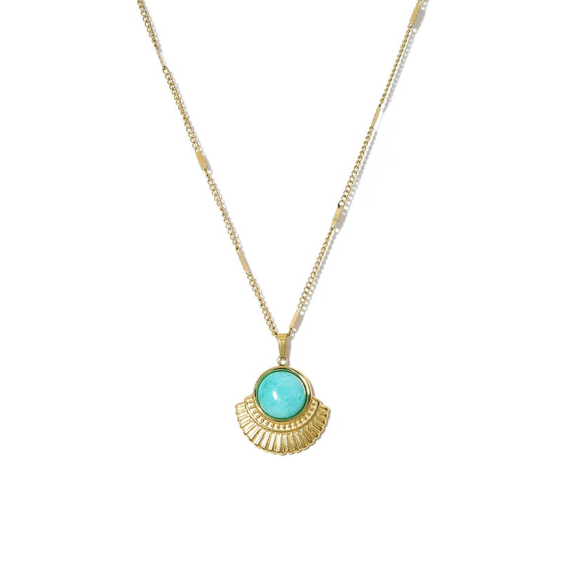 Collier couleur or en acier inoxydable avec pendentif rond turquoise et motif soleil.