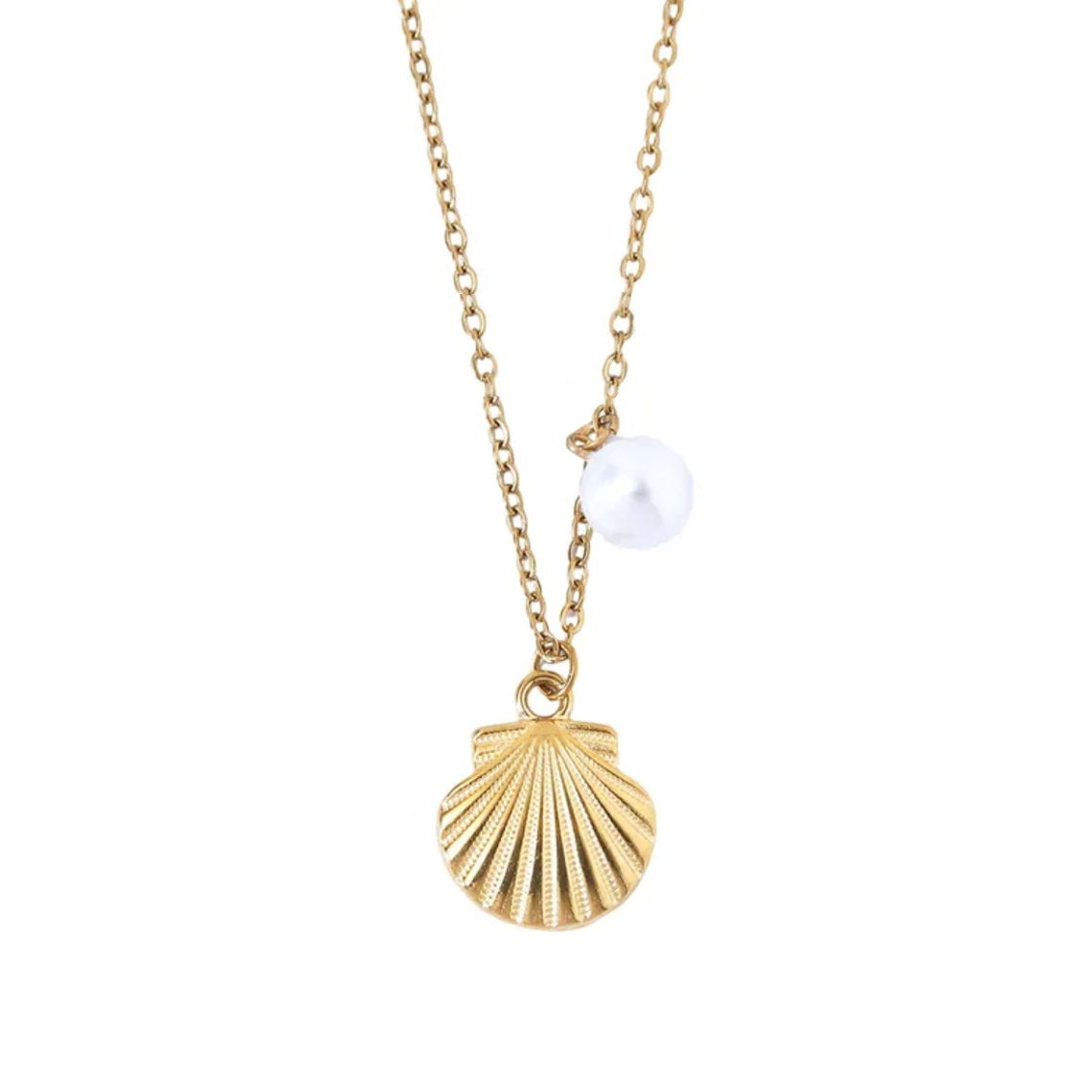 Collier en acier inoxydable doré pour femme, orné d’un pendentif coquillage et d’une perle blanche nacrée, inspiré de l’univers marin et estival, pour un style chic et naturel.