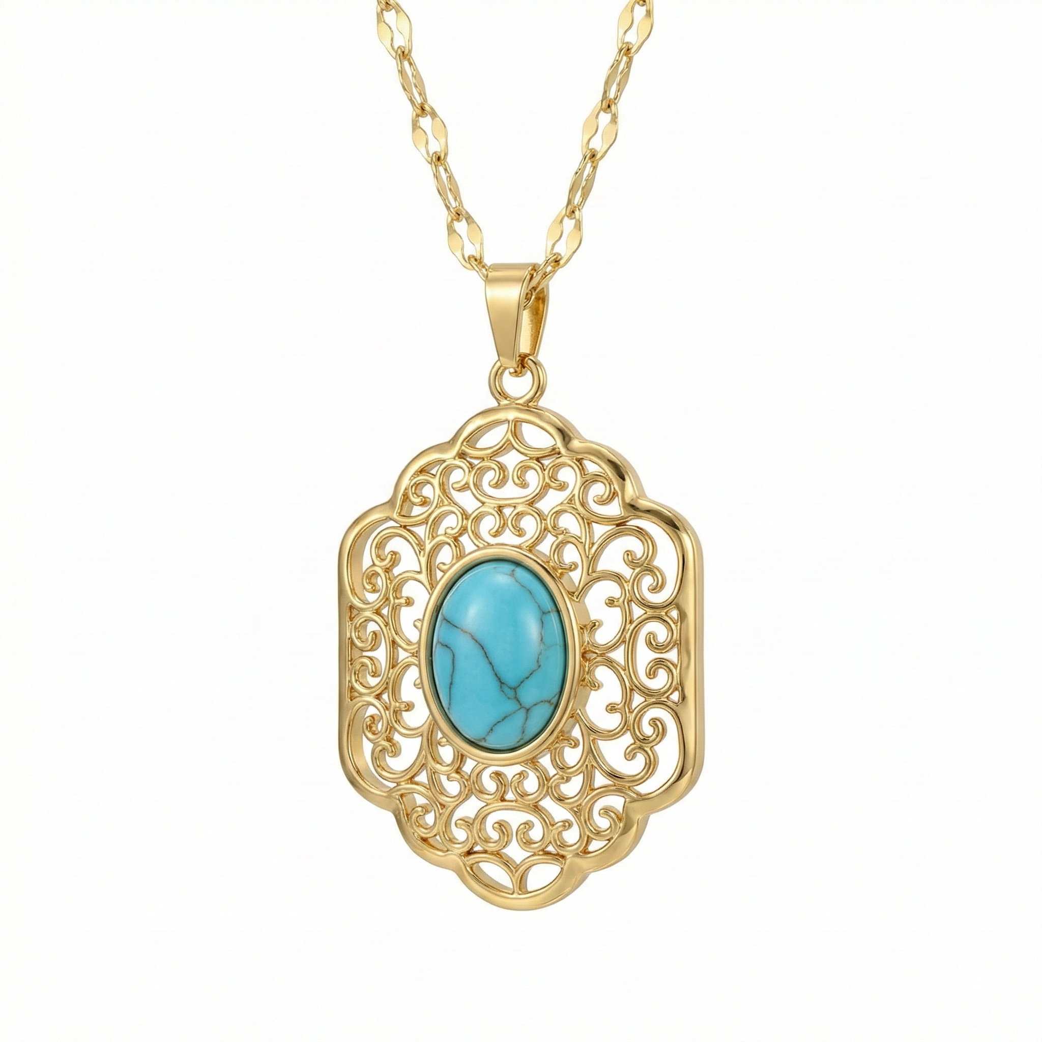 Collier doré en acier inoxydable avec pendentif géométrique ajouré et pierre turquoise