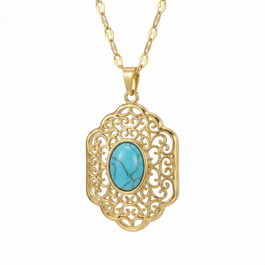 Collier doré en acier inoxydable avec pendentif géométrique ajouré et pierre turquoise