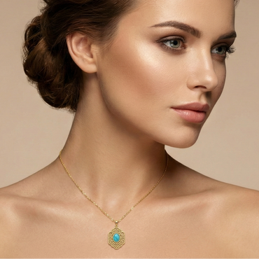 Collier doré en acier inoxydable avec pendentif géométrique ajouré et pierre turquoise