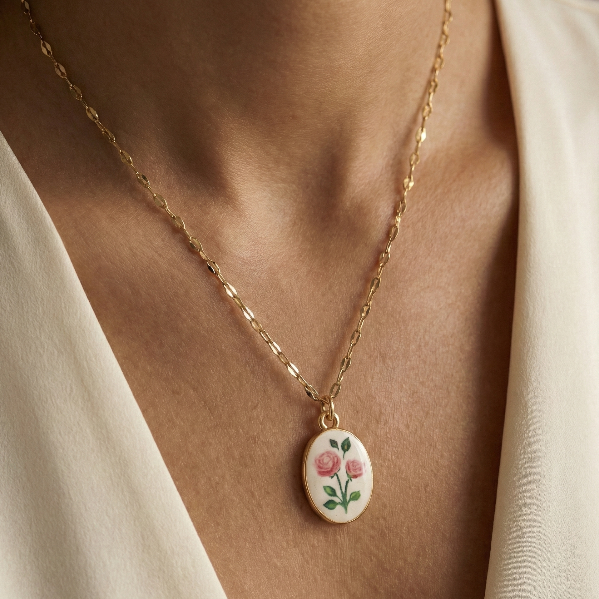 Collier doré en acier inoxydable avec pendentif ovale émaillé roses sur fond blanc