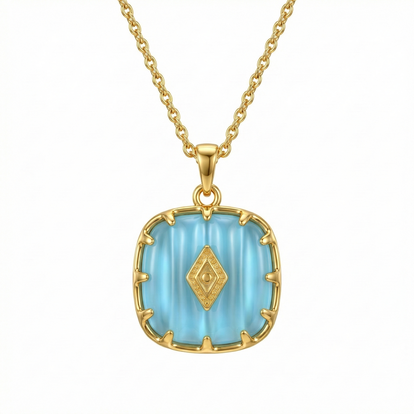 Collier doré en acier inoxydable avec pendentif turquoise serti et détails dorés