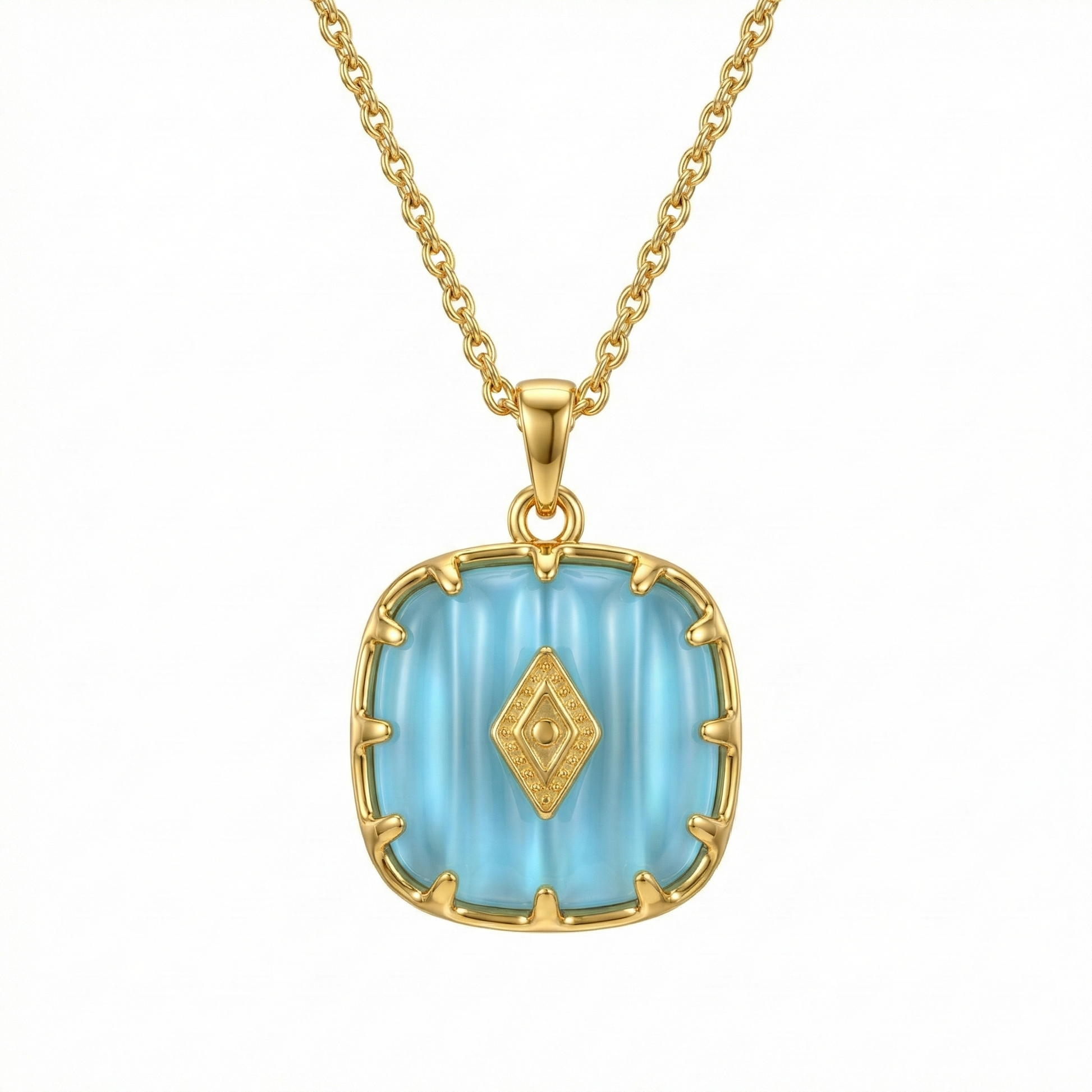 Collier doré en acier inoxydable avec pendentif turquoise serti et détails dorés