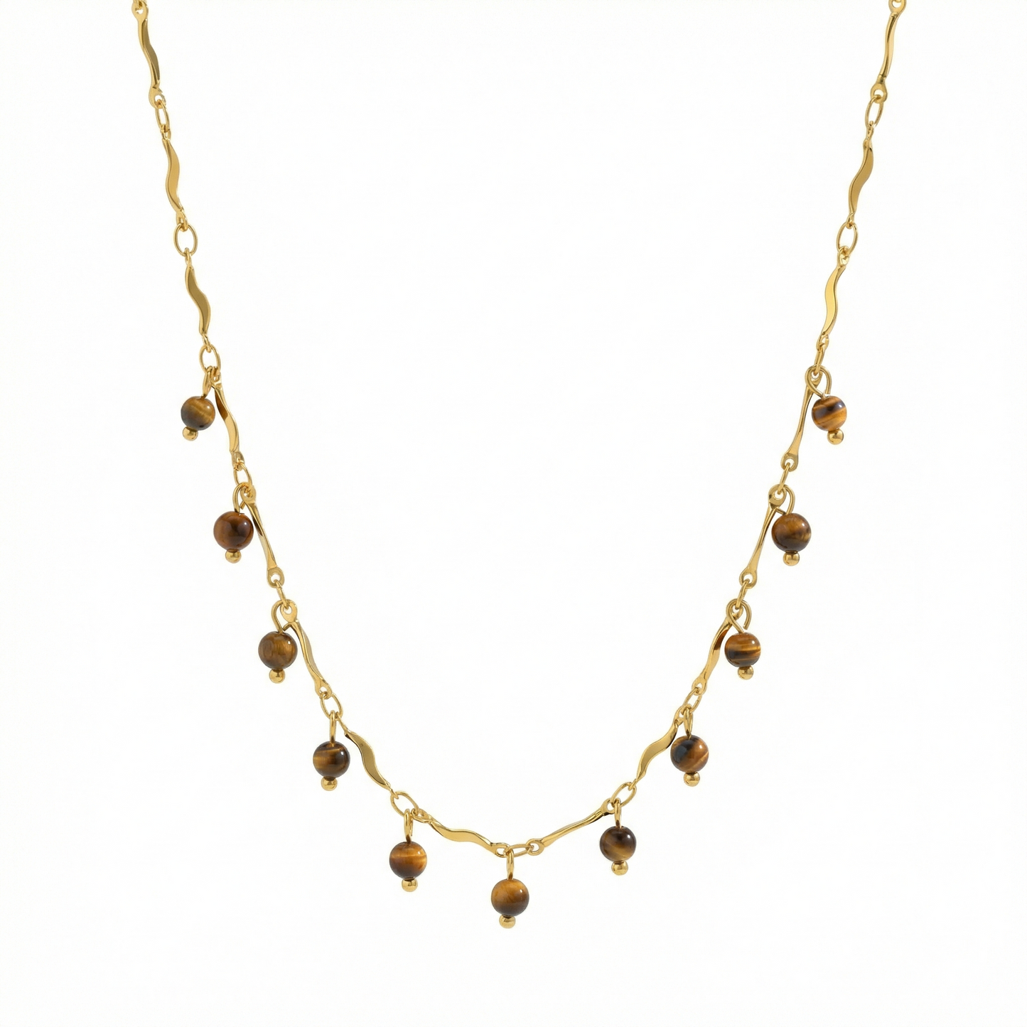 Collier doré en acier inoxydable avec chaîne ondulée et perles marron bohème chic