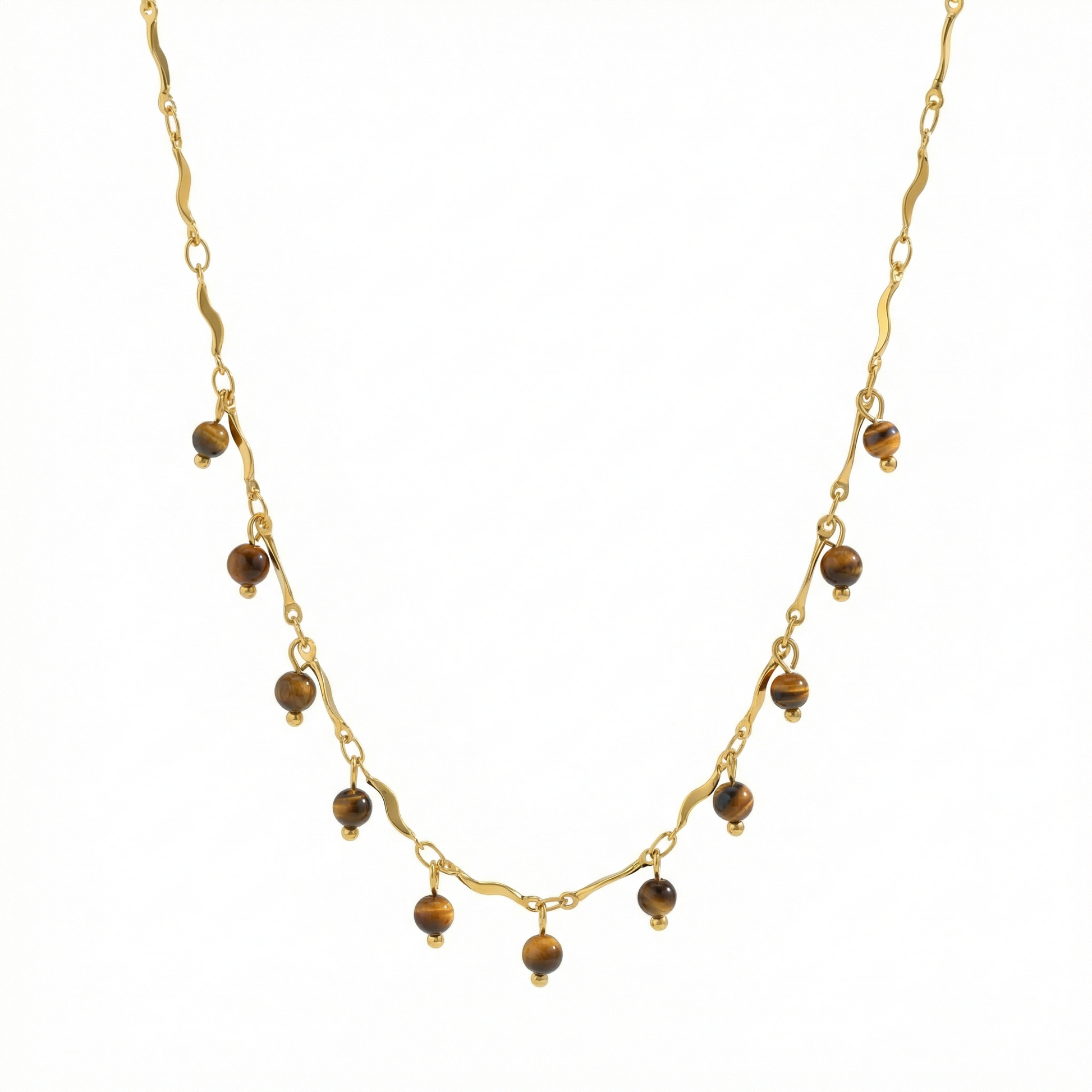 Collier doré en acier inoxydable avec chaîne ondulée et perles marron bohème chic