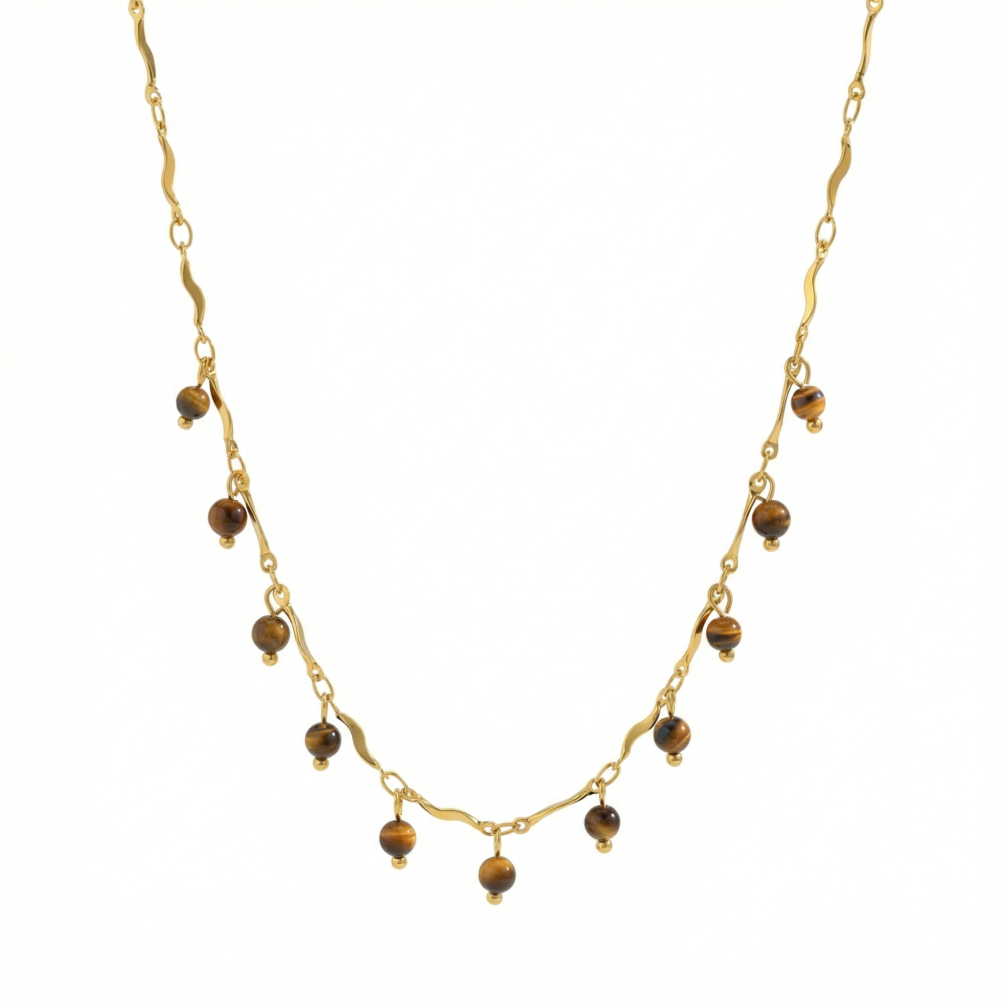 Collier doré en acier inoxydable avec chaîne ondulée et perles marron bohème chic