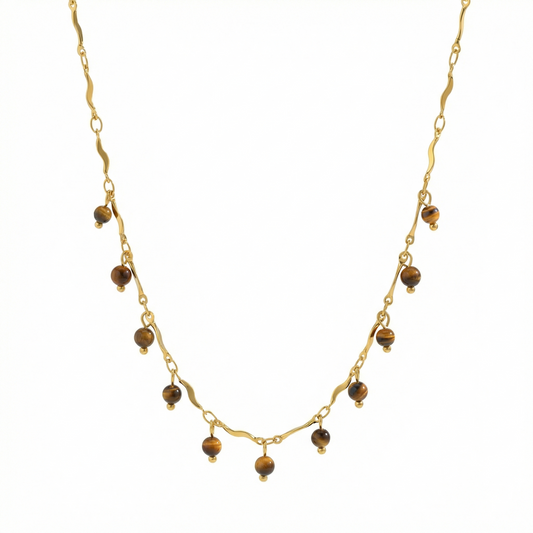 Collier doré en acier inoxydable avec chaîne ondulée et perles marron bohème chic