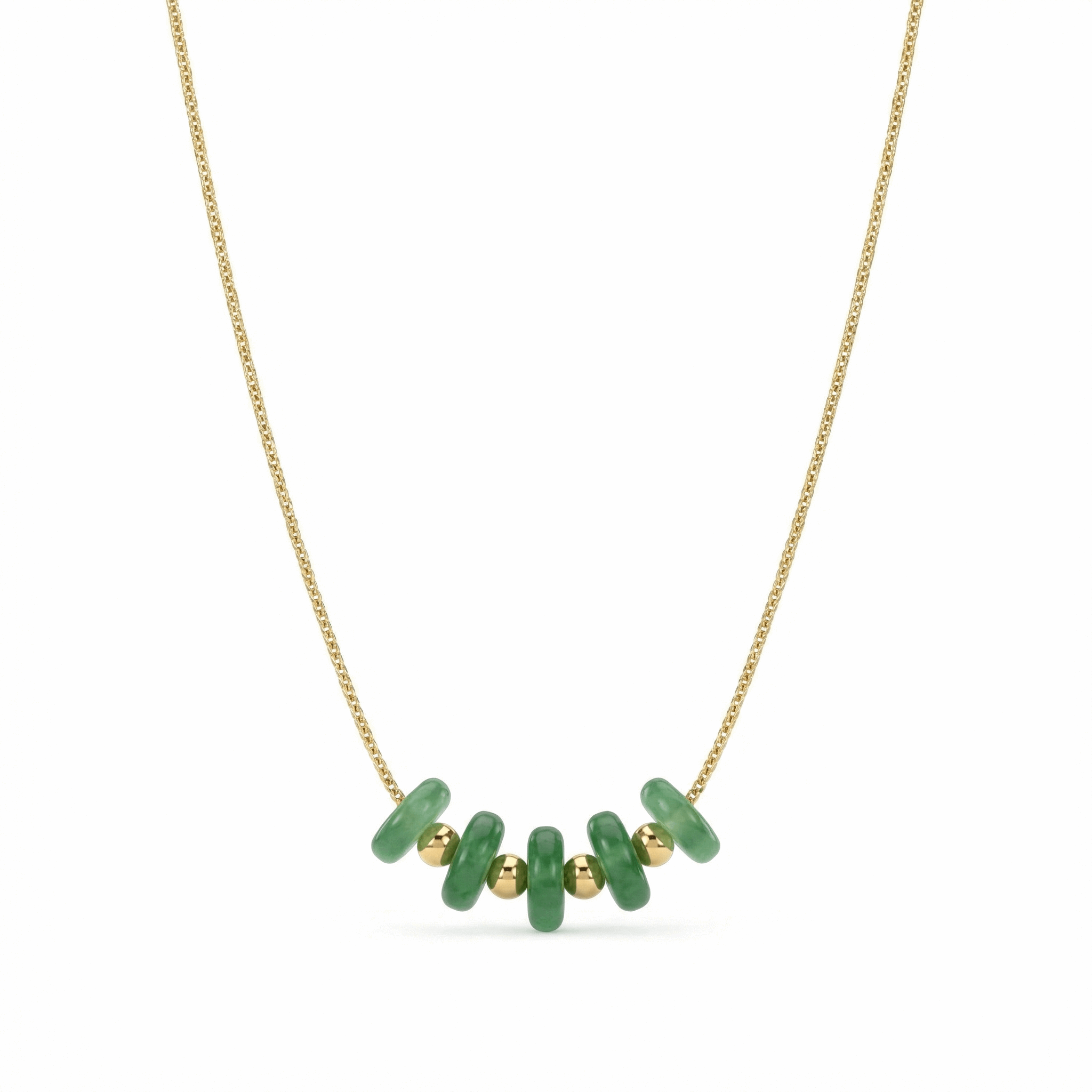 Collier doré en acier inoxydable avec perles vertes centrales, design minimaliste et élégant porté au cou