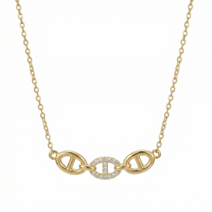 Collier doré en acier inoxydable avec trois maillons entrelacés et zircons scintillants