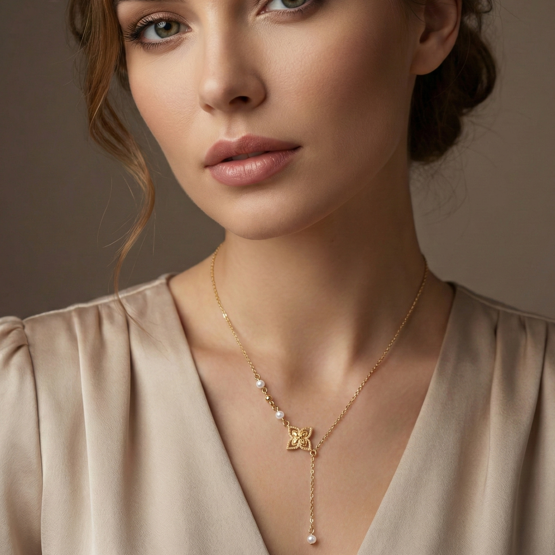 Collier doré asymétrique avec pendentif fleur et perles