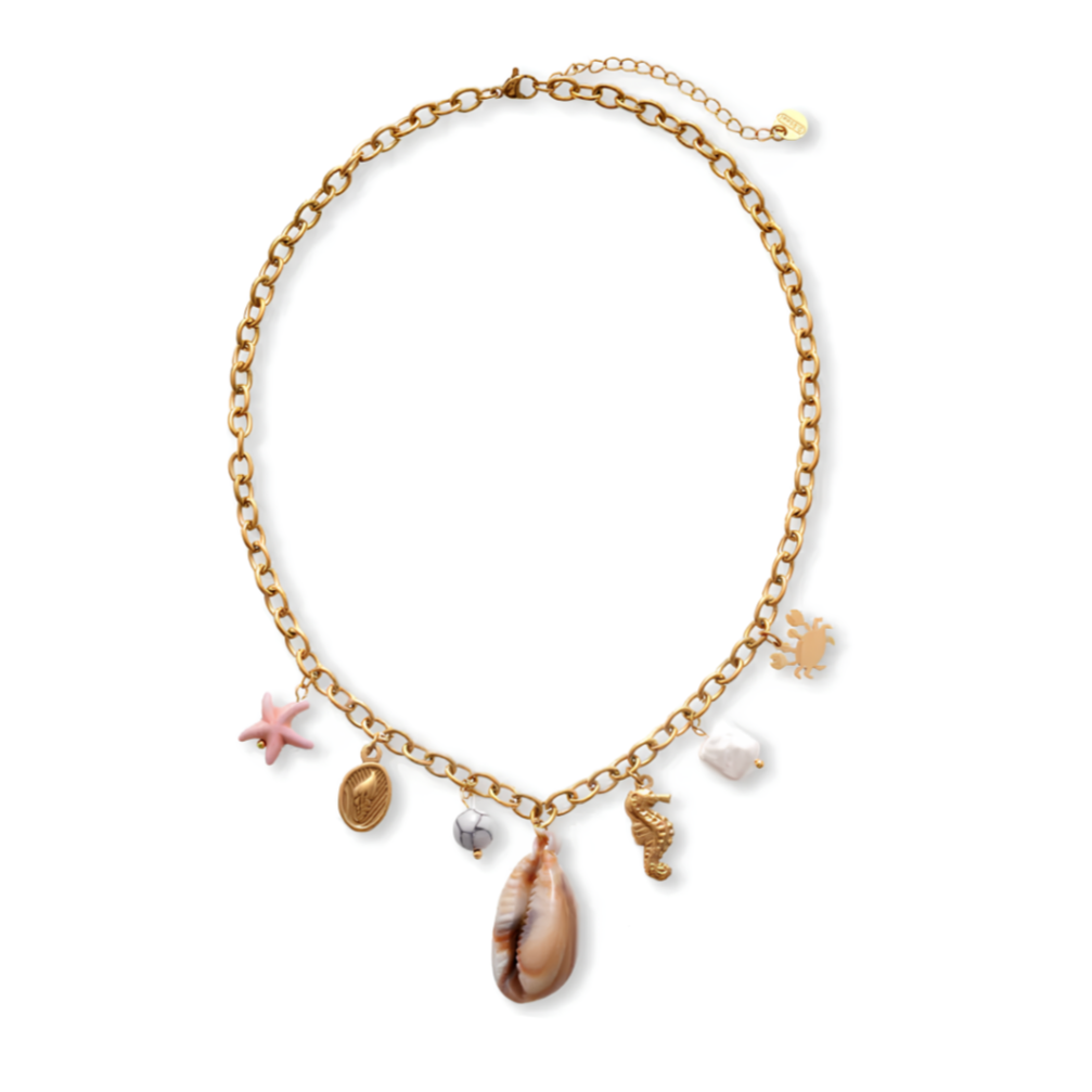 Un collier à maillons larges en couleur doré, orné de charms marins : étoile de mer rose, coquillage naturel, hippocampe doré, crabe, pierre blanche… Chaque élément évoque l’été, la mer et l’esprit bohème chic.

Matériaux : Acier titane couleur doré, coquillage naturel, résines, pierres synthétiques.

Dimensions :
Longueur : 47 cm + chaînette 7 cm
Poids : 22,7 g

Style : Parfait pour sublimer une tenue de vacances ou une robe d’été. Ce bijou au style affirmé incarne une allure solaire, libre et voyageuse.

