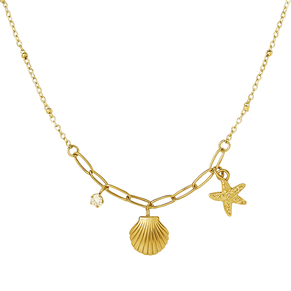 Ce collier doré revisite le thème marin avec élégance. Une chaîne mixte associe maillons larges et perles fines, rehaussée de trois pendentifs évocateurs : une coquille, une étoile de mer et une pierre claire scintillante. Un bijou en acier inoxydable conçu pour résister au temps, tout en évoquant les vacances.

Matériaux : Acier inoxydable, finition couleur or
Dimensions : 40 + 5 cm – poids : 3,5 g
Style : Marin, estival, symbolique
