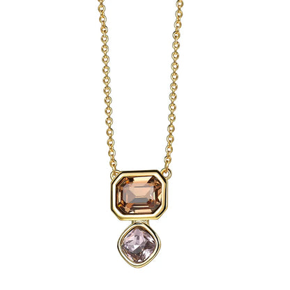 Collier doré pour femme à double pendentif avec pierres géométriques couleur champagne et lilas, monture en plaqué or brillante. Bijou raffiné et lumineux au design sophistiqué, idéal pour une soirée élégante ou un cadeau chic