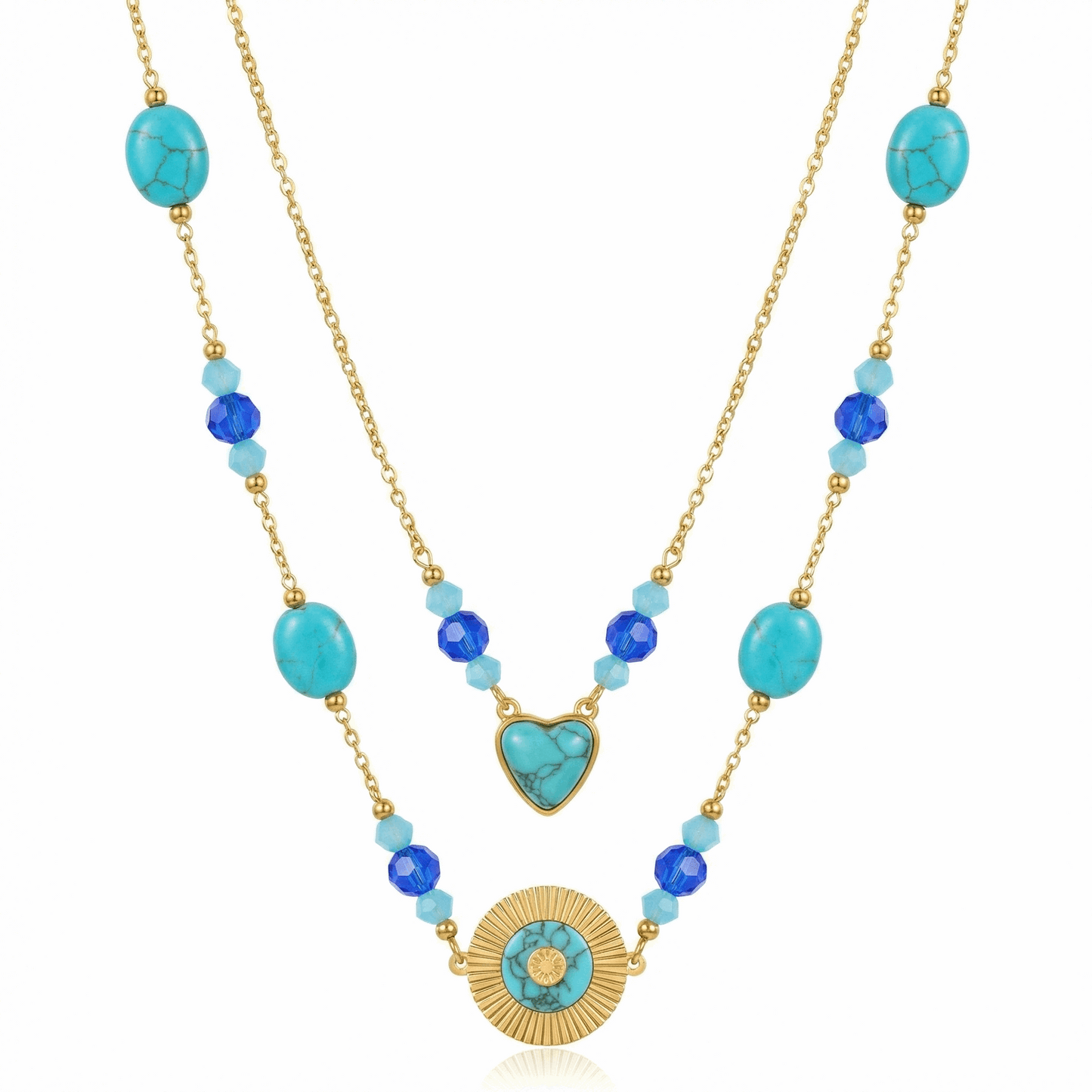 Collier doré double rang avec perles turquoise, cœur et médaillon solaire