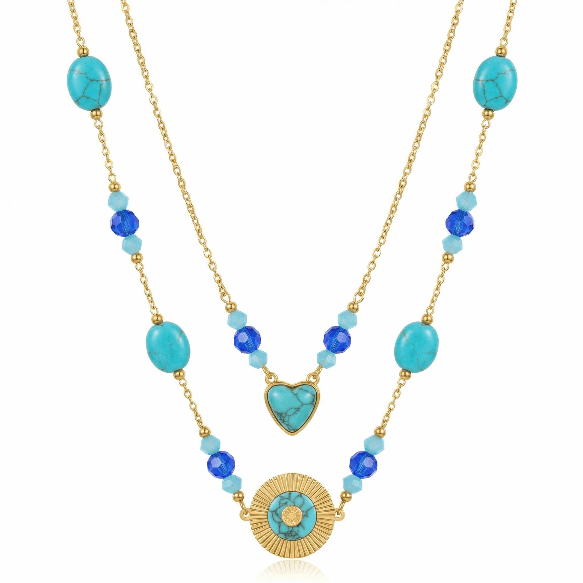 Collier doré double rang avec perles turquoise, cœur et médaillon solaire