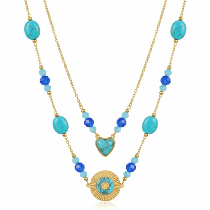 Collier doré double rang avec perles turquoise, cœur et médaillon solaire