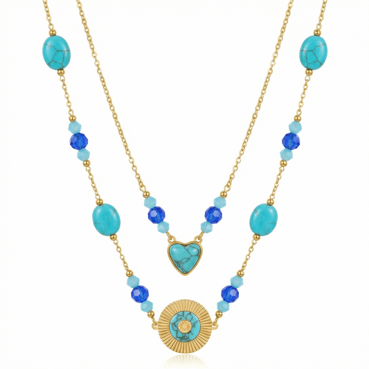 Collier doré double rang avec perles turquoise, cœur et médaillon solaire