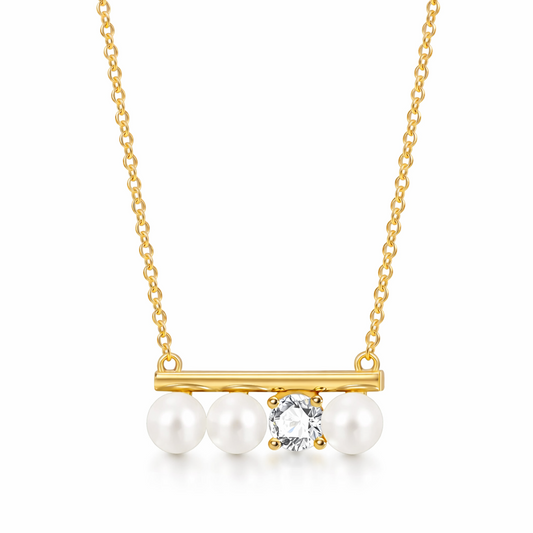 Collier doré or 18k avec barre horizontale, perles blanches et zircon central