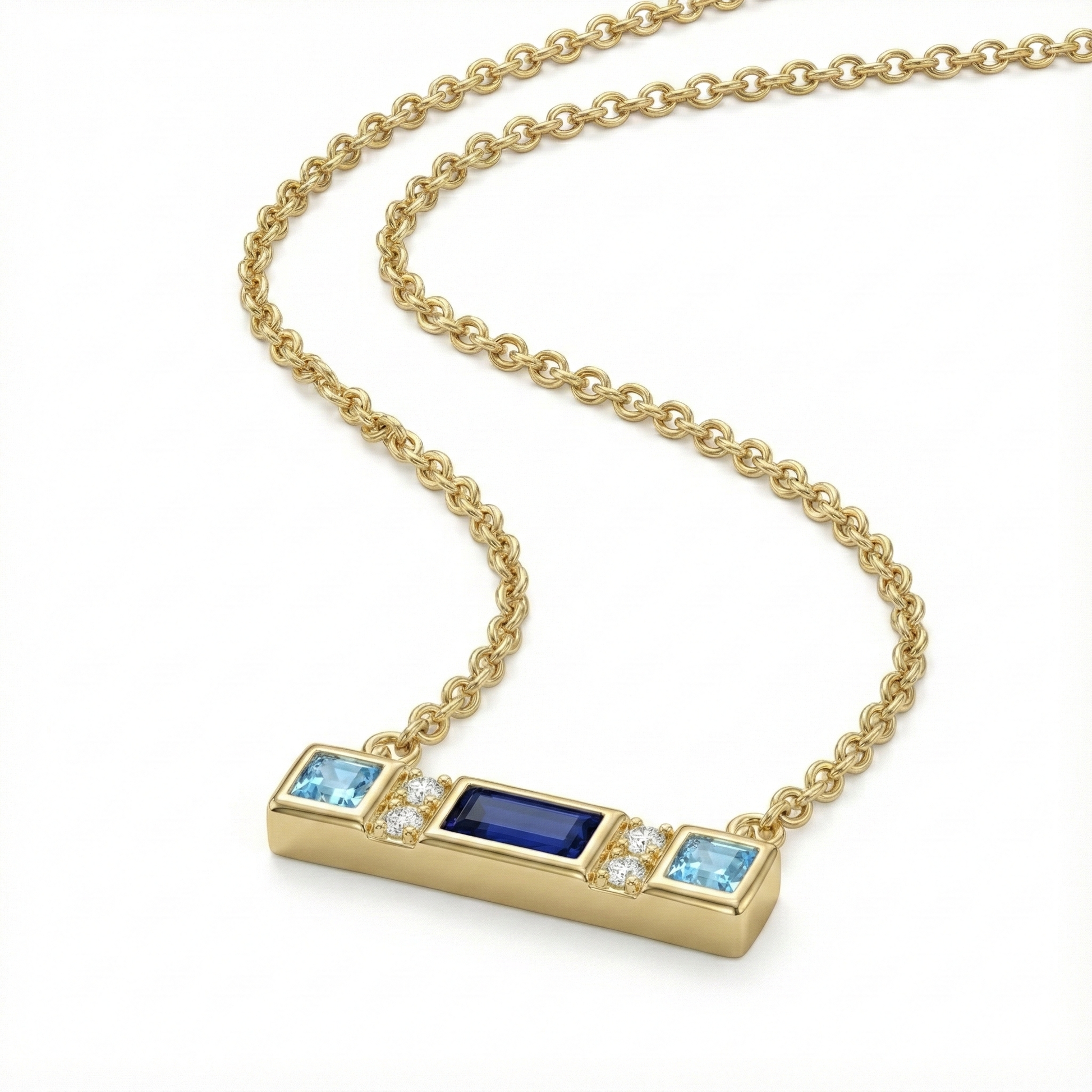 Collier doré à l’or 18k avec pendentif barre et pierres bleues