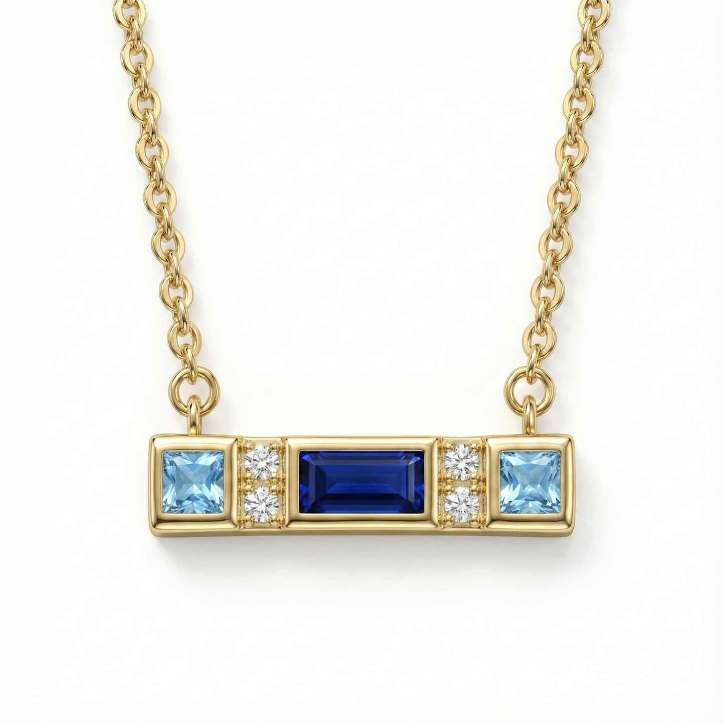 Collier doré à l’or 18k avec pendentif barre et pierres bleues