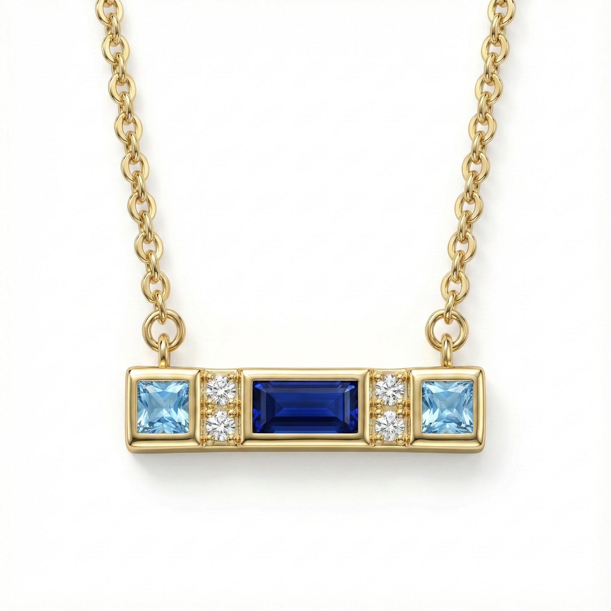 Collier doré à l’or 18k avec pendentif barre et pierres bleues
