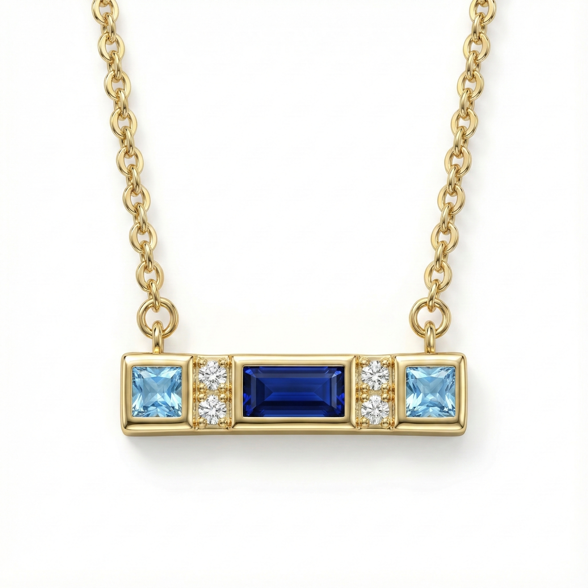 Collier doré à l’or 18k avec pendentif barre et pierres bleues
