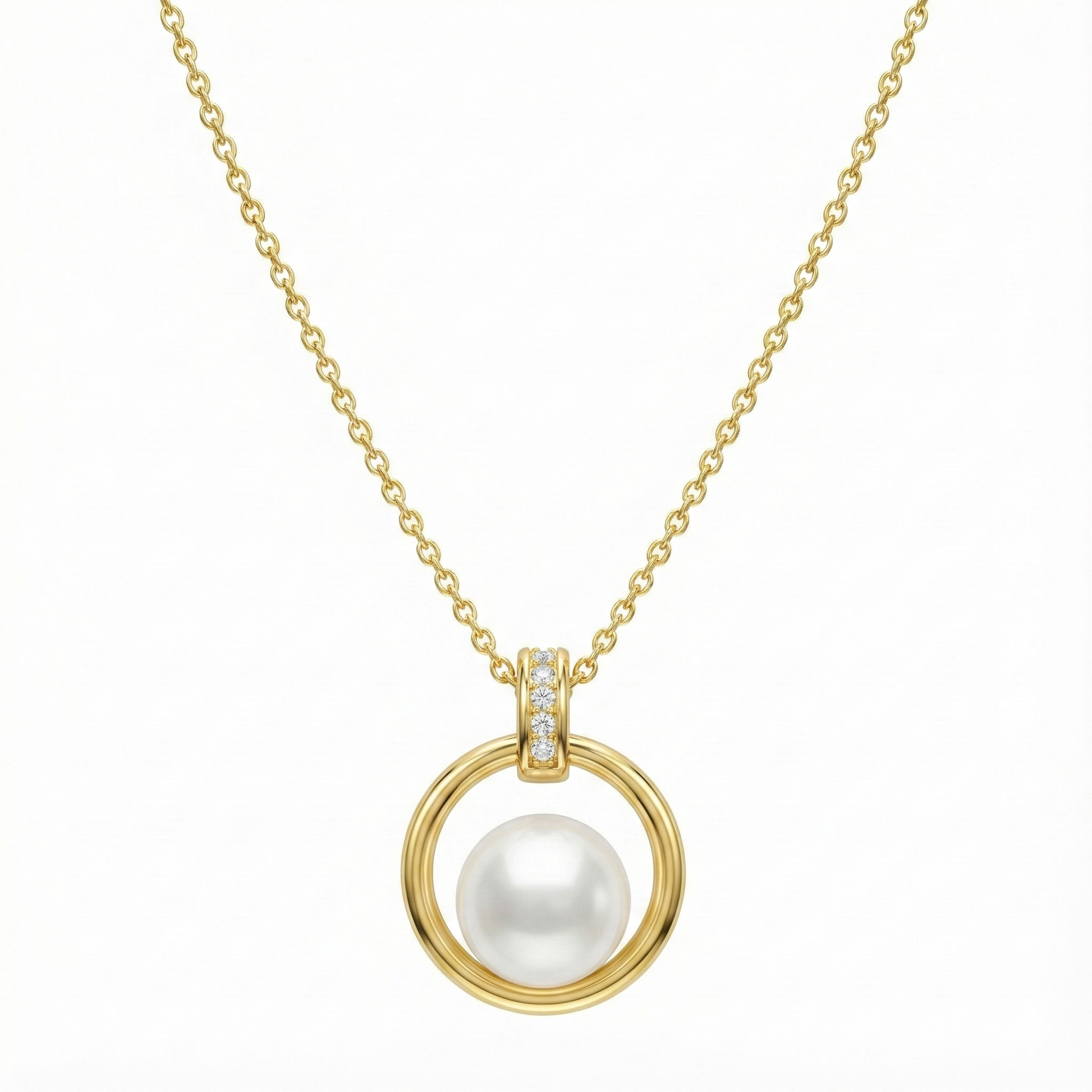 Collier doré à l’or 18k avec pendentif cercle et perle blanche