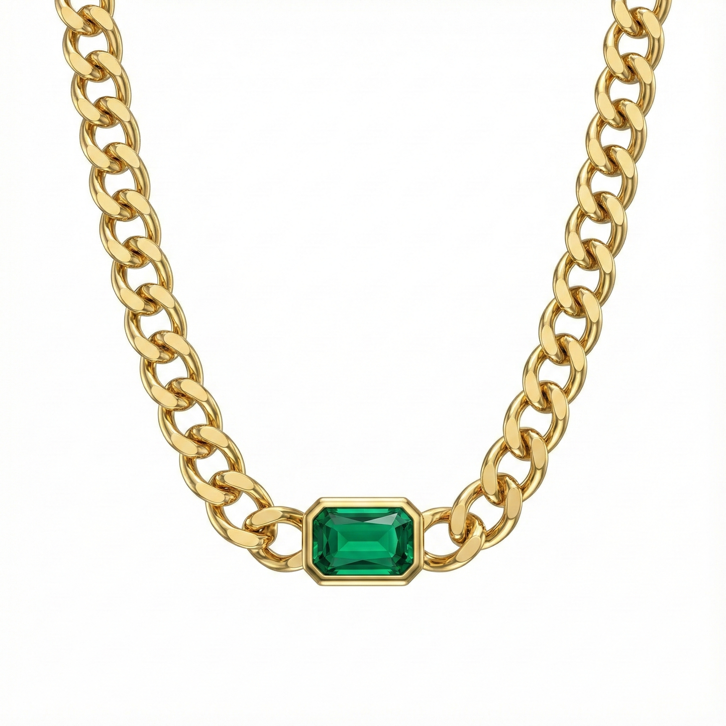 Collier doré à l’or 18k avec chaîne large et pierre verte rectangulaire