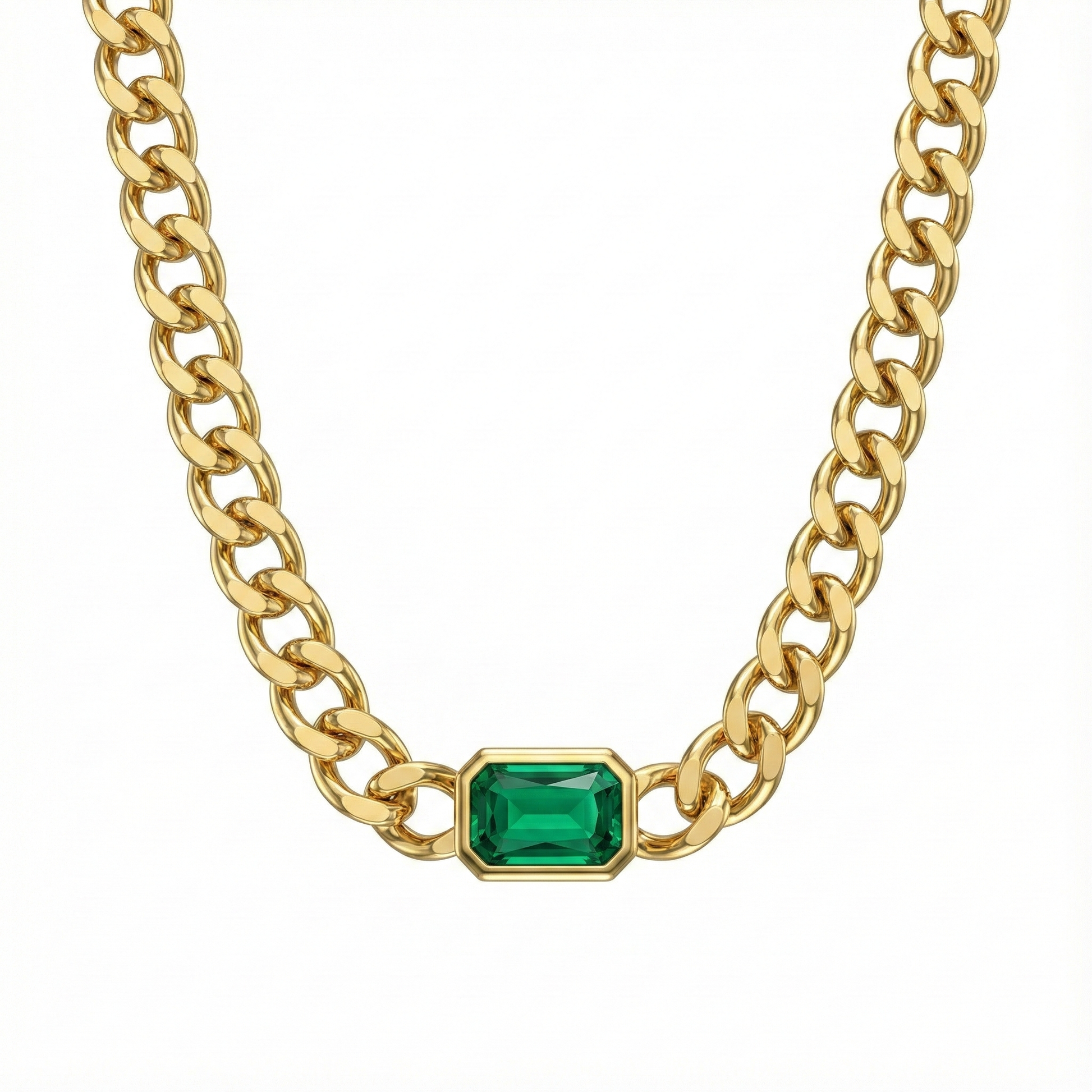 Collier doré à l’or 18k avec chaîne large et pierre verte rectangulaire