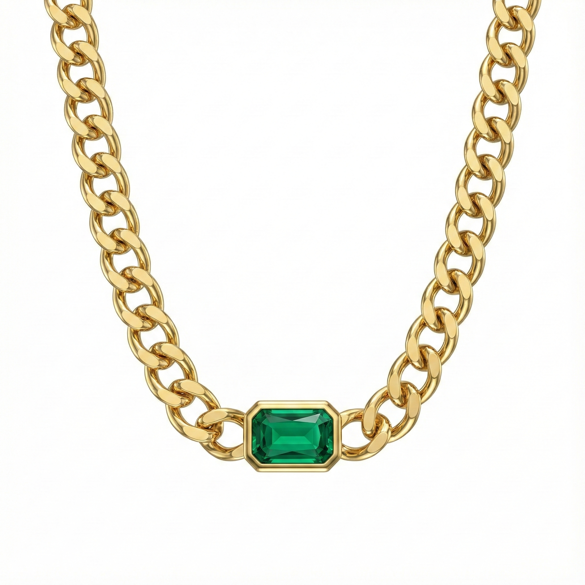 Collier doré à l’or 18k avec chaîne large et pierre verte rectangulaire