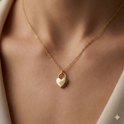 Collier doré or 18k avec pendentif cœur cadenas et zircon blanc central