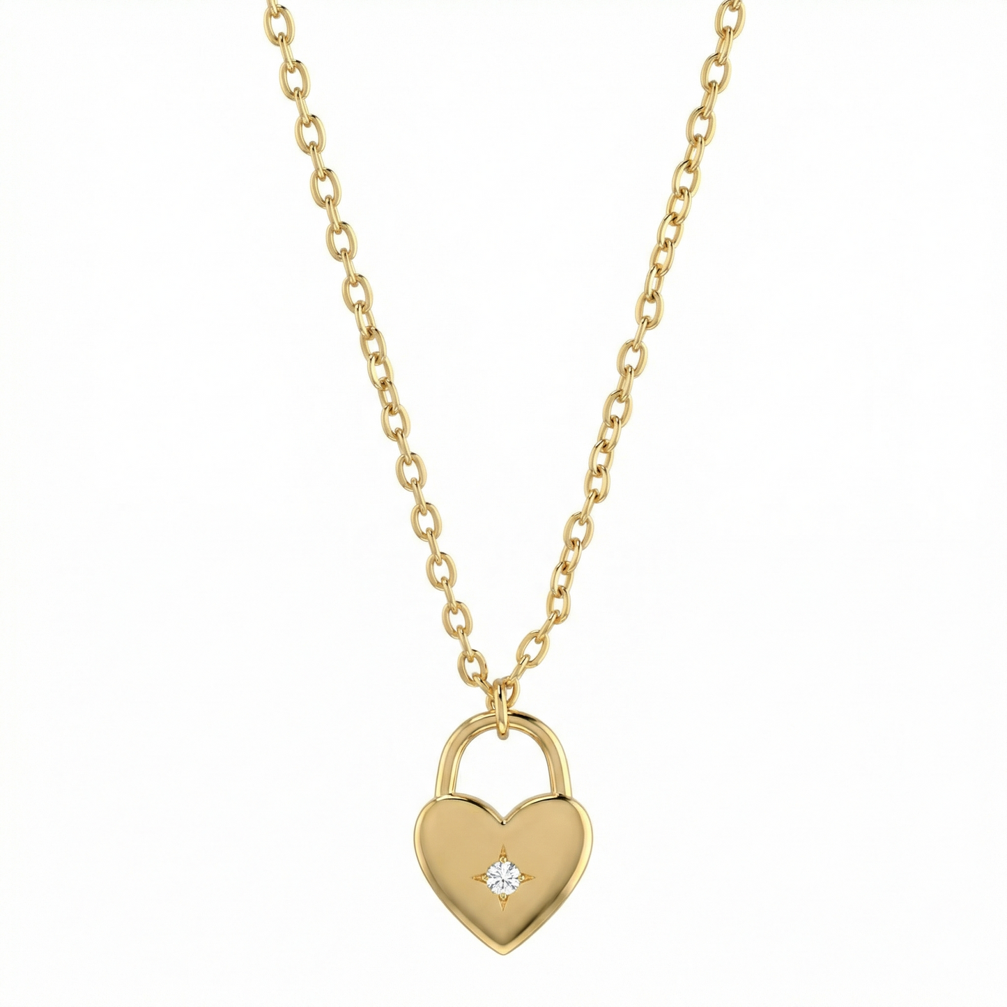 Collier doré or 18k avec pendentif cœur cadenas et zircon blanc central