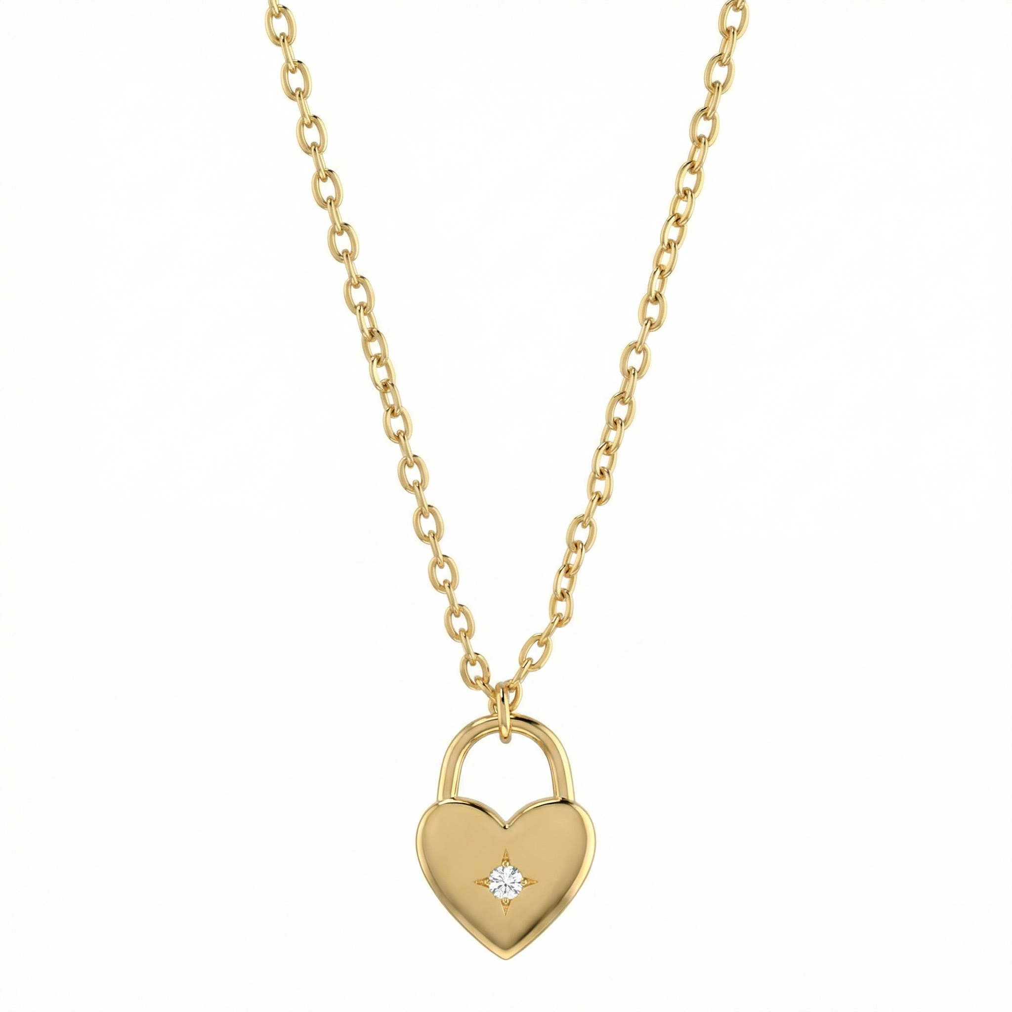 Collier doré or 18k avec pendentif cœur cadenas et zircon blanc central