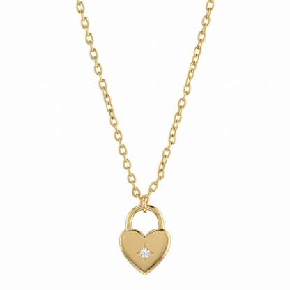 Collier doré or 18k avec pendentif cœur cadenas et zircon blanc central