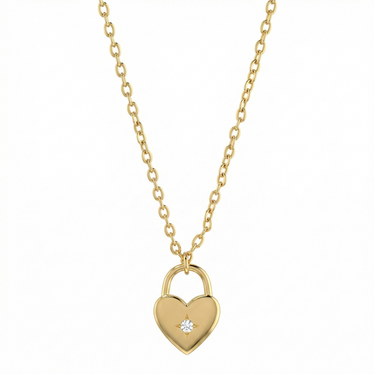 Collier doré or 18k avec pendentif cœur cadenas et zircon blanc central