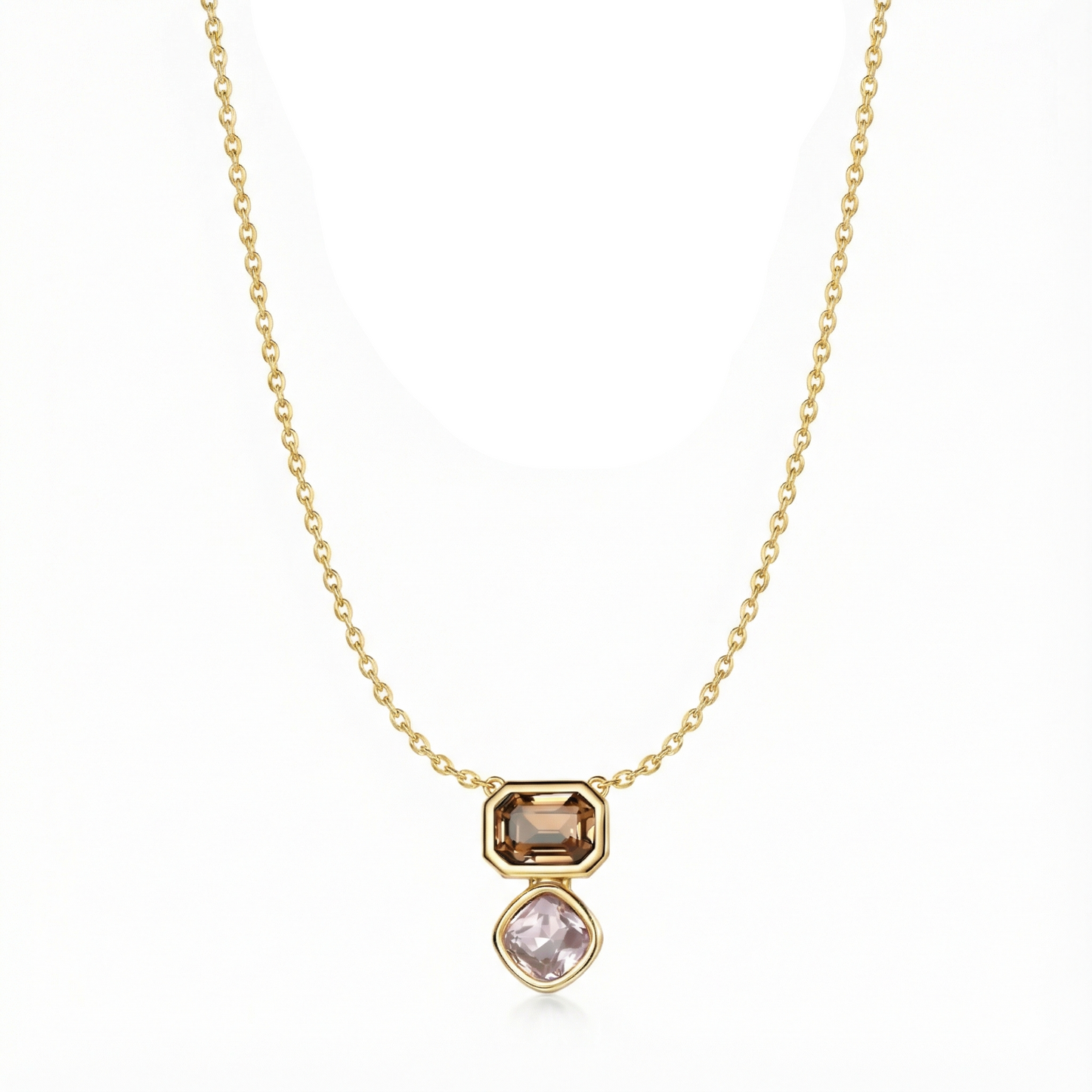 Collier doré à l’or 18k avec double pendentif pierres champagne et lilas