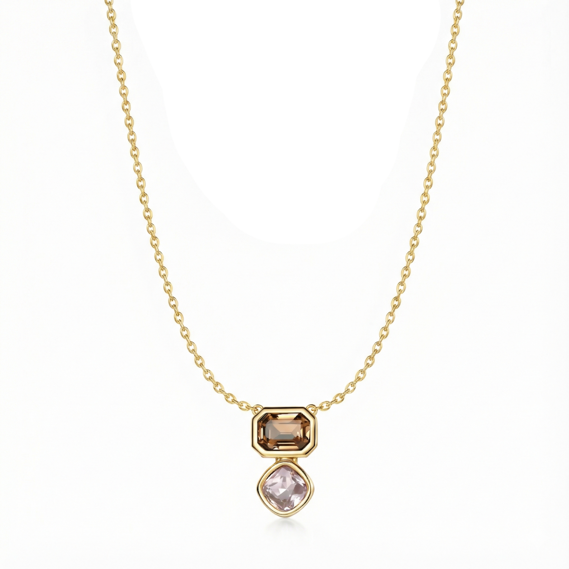 Collier doré à l’or 18k avec double pendentif pierres champagne et lilas