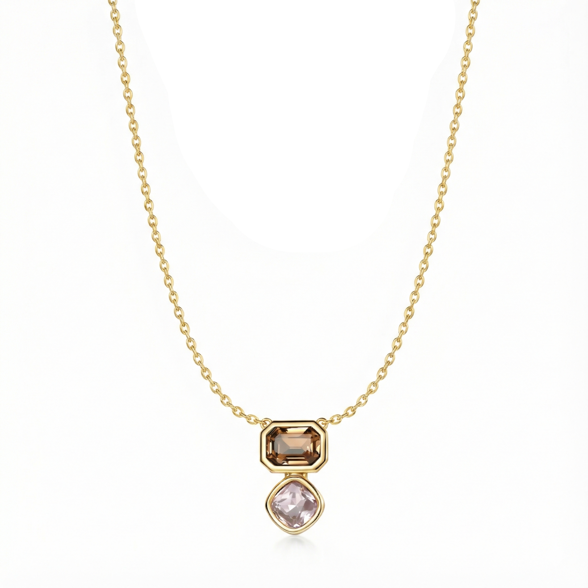 Collier doré à l’or 18k avec double pendentif pierres champagne et lilas