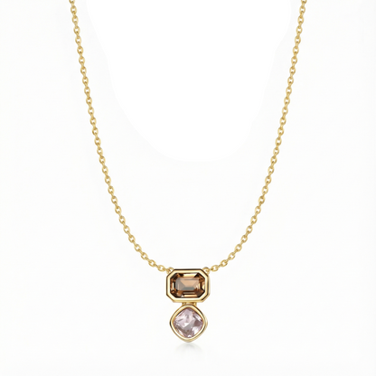 Collier doré à l’or 18k avec double pendentif pierres champagne et lilas