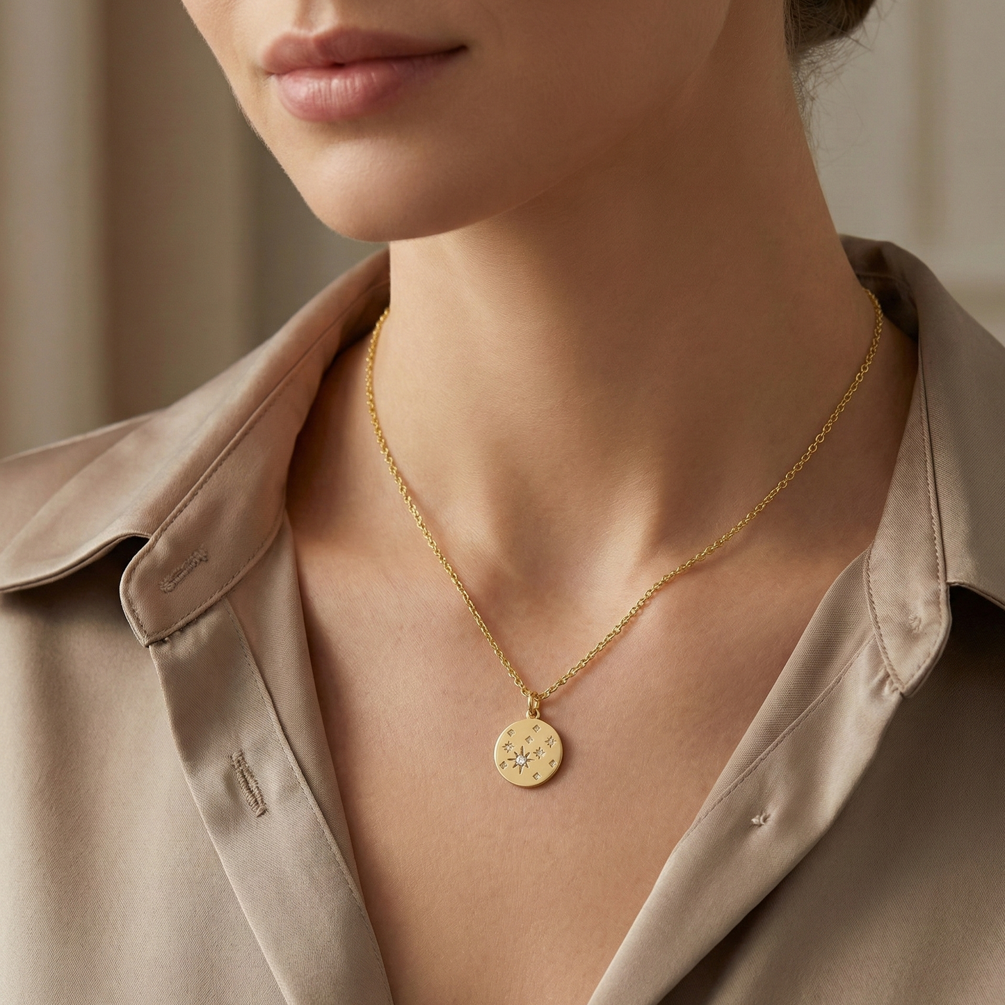 Collier doré à l’or 18k avec médaillon gravé d’étoiles
