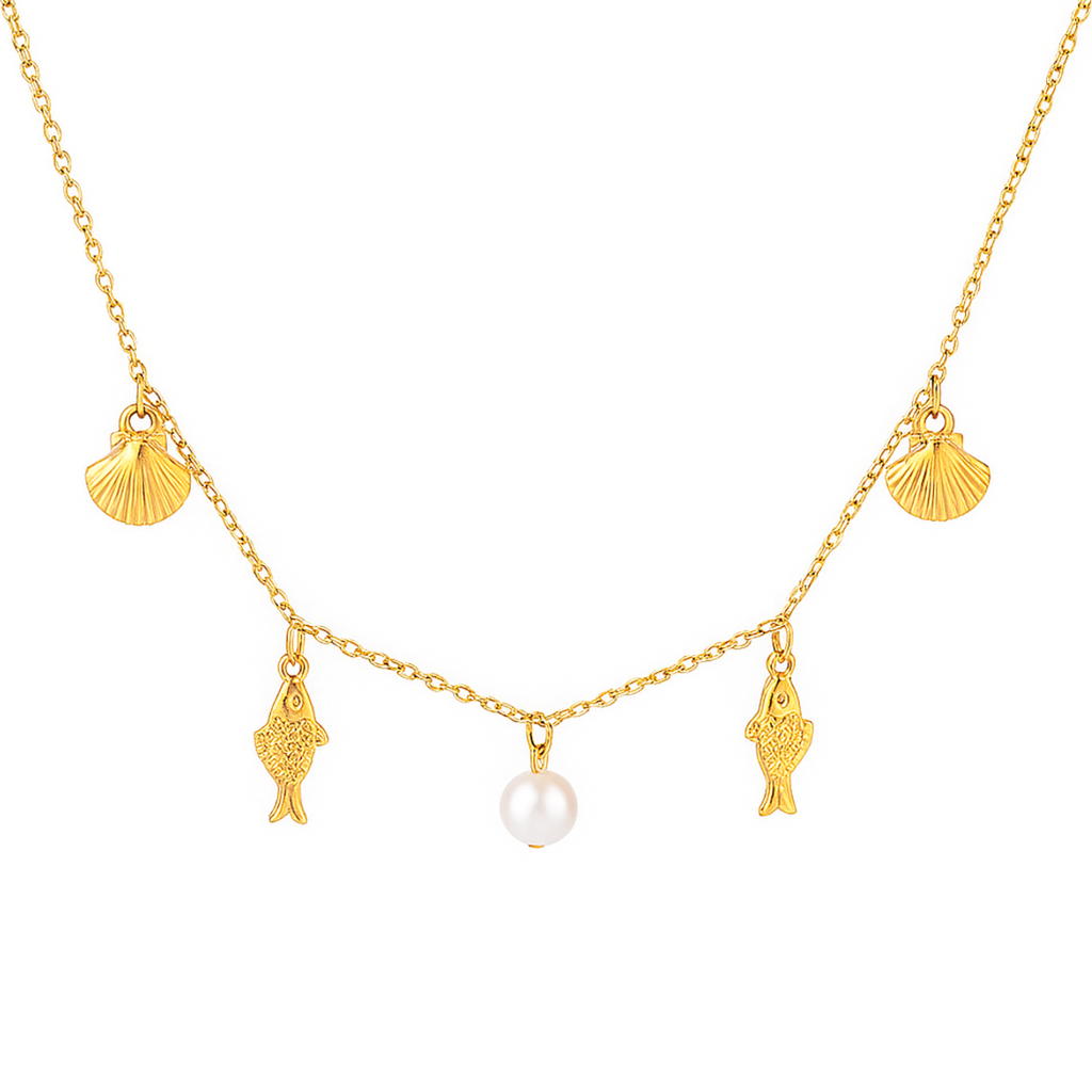 Un collier délicat aux inspirations marines, ponctué de breloques coquillages, poissons gravés et d’une perle blanche centrale, pour une touche estivale chic et légère.

Matériau : Acier inoxydable couleur doré, perle synthétique blanche, résistant à l’eau et à l’oxydation, hypoallergénique.

Dimensions : Longueur 40 + 5 cm, breloques de 8 à 20 mm – léger et confortable au quotidien.

Design : Composition équilibrée autour d’une chaîne fine, alternant formes marines et perle centrale pour un effet doux, har