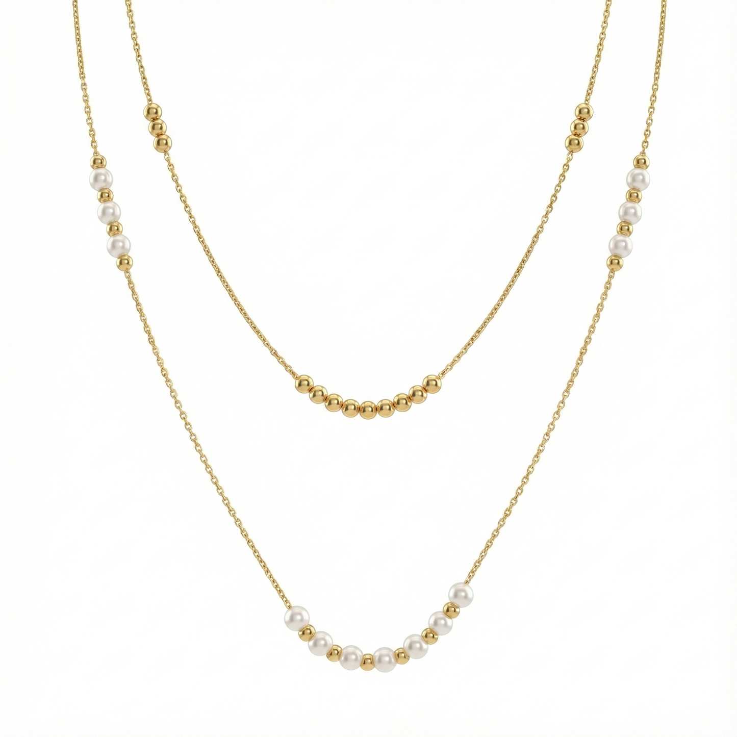 Collier double rang perles blanches et billes dorées en acier inoxydable