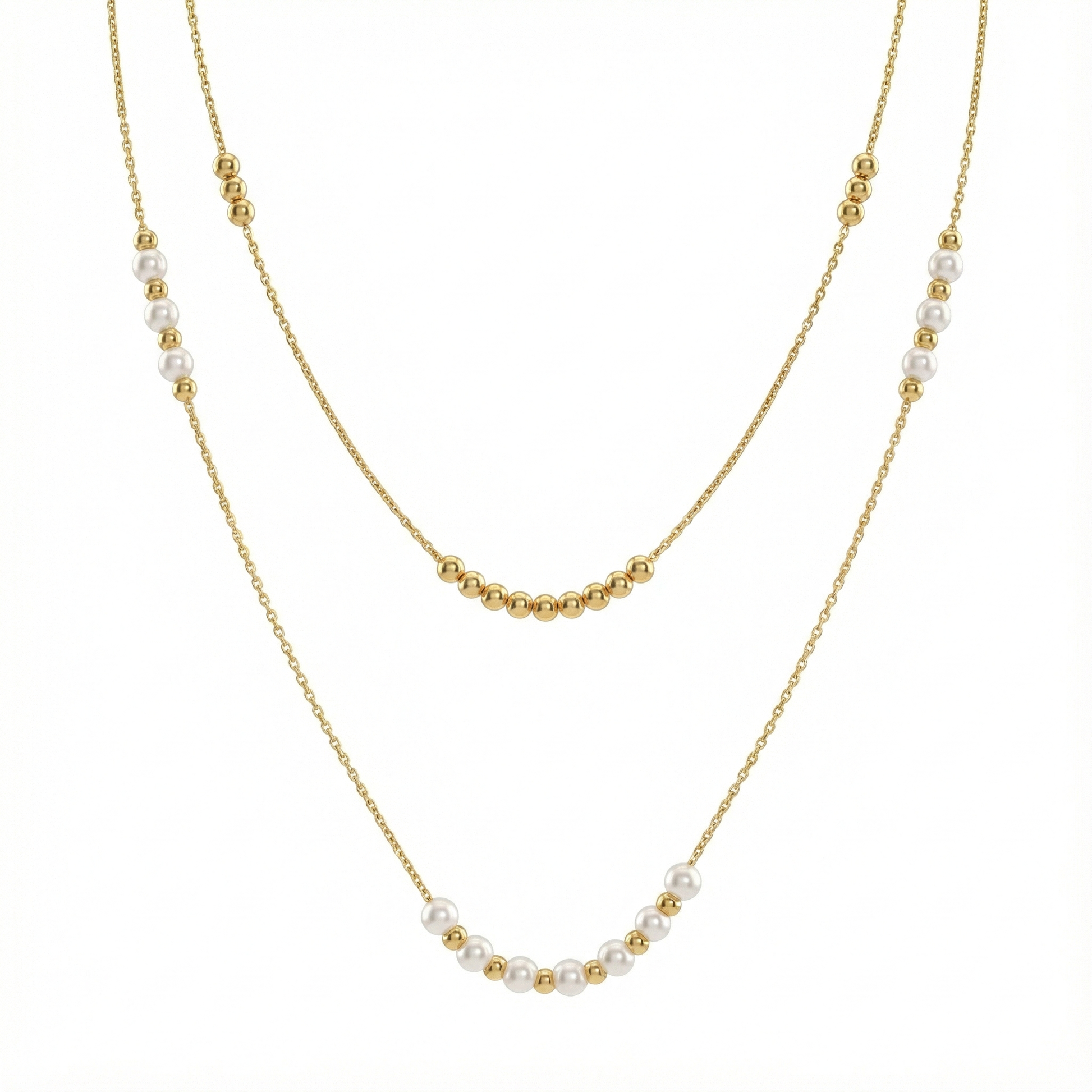 Collier double rang perles blanches et billes dorées en acier inoxydable