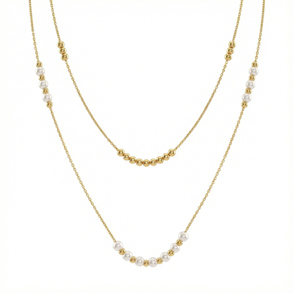 Collier double rang perles blanches et billes dorées en acier inoxydable