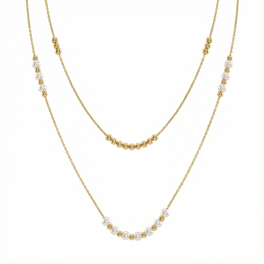 Collier double rang perles blanches et billes dorées en acier inoxydable