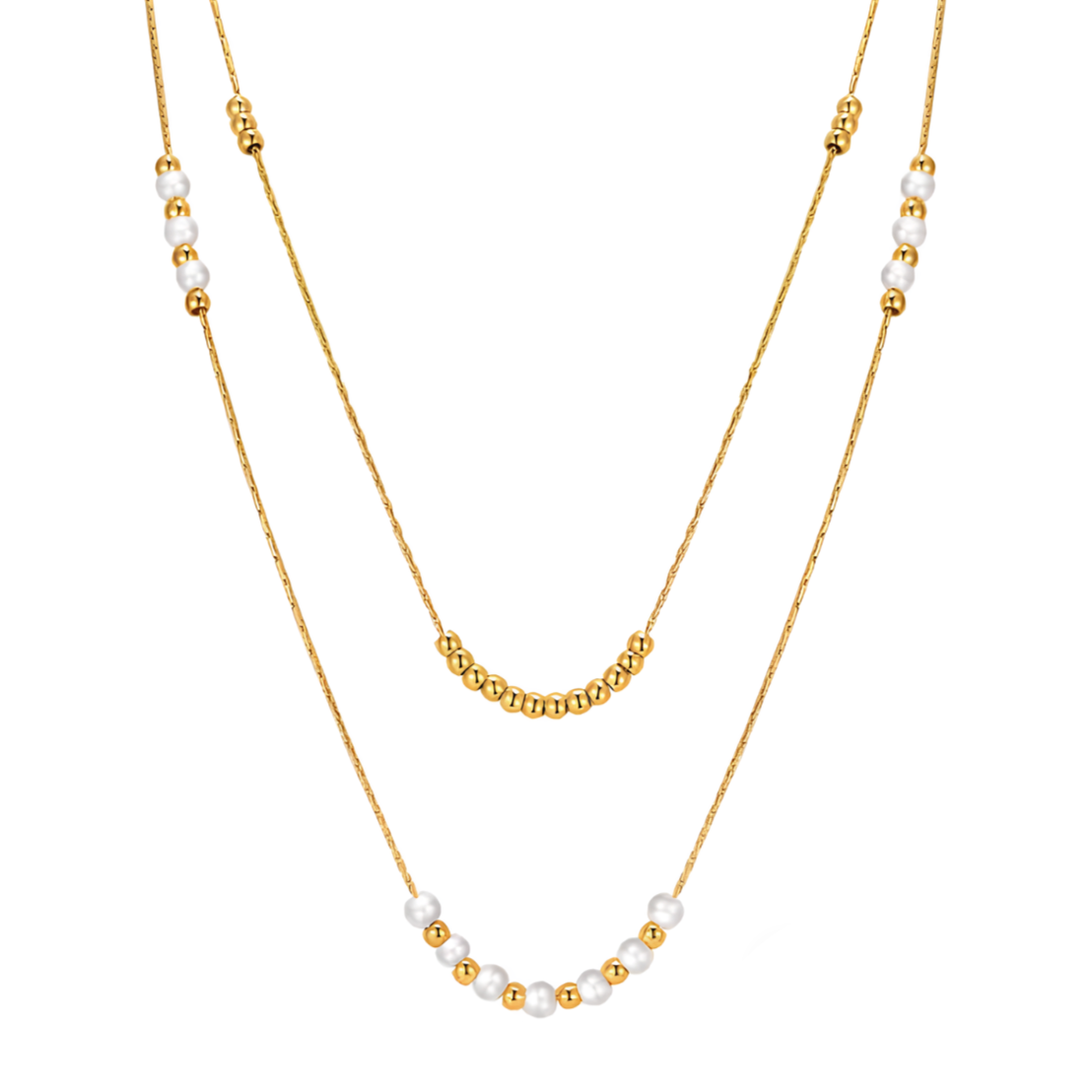 Un collier double rang délicat et lumineux, associant perles blanches nacrées et petites billes dorées, pour un rendu à la fois frais, minimaliste et raffiné.

Matériau : Acier inoxydable couleur doré, perles synthétiques, hypoallergénique, résistant à l’eau et à l’oxydation.

Dimensions : Longueurs des chaînes 37 cm et 44 cm + 5 cm d’extension. Diamètre des perles : 0,4 cm. Poids : 6 g.

Design : Composition équilibrée avec alternance de textures lisses et de reflets nacrés. Superposition fine pour un effe