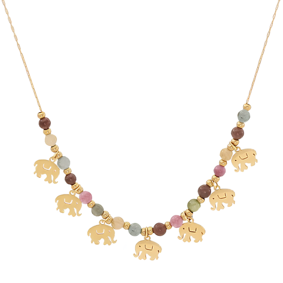 Portez chance et couleur avec ce collier éléphants en acier inoxydable doré, rehaussé de perles naturelles multicolores. Un bijou symbolique et joyeux, qui allie protection, harmonie et style ethnique chic.