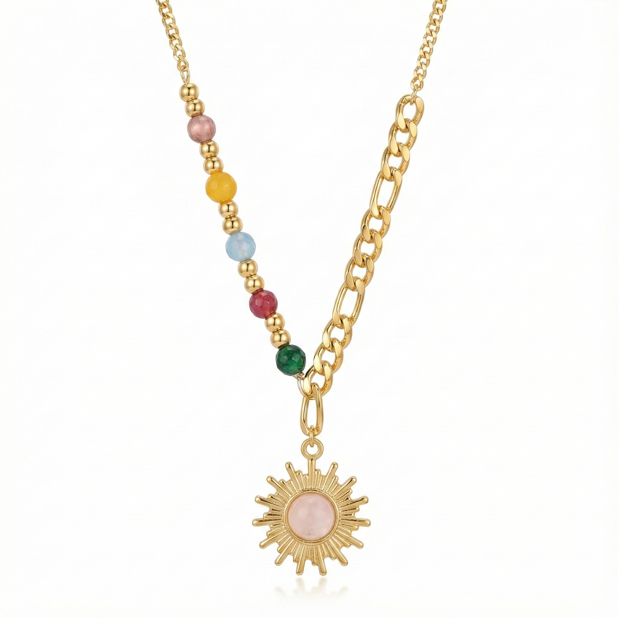 Collier d'été rayonnant avec pendentif soleil doré et perles multicolores, chaîne en acier inoxydable waterproof pour la plage.